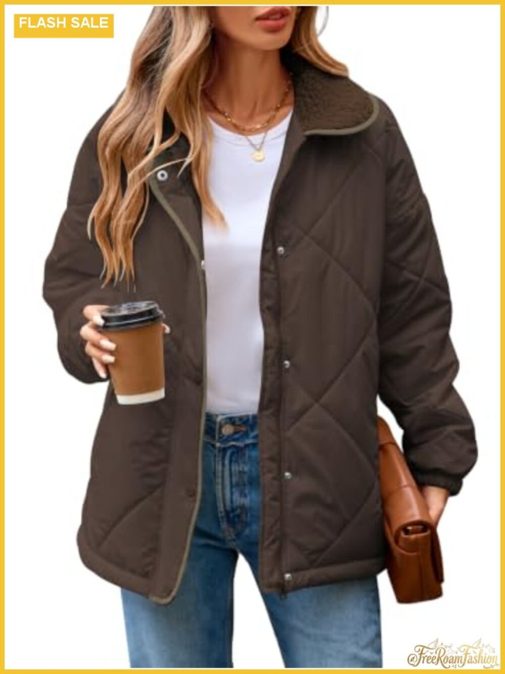 Women's Quilted Puffer Jacket Zip Snap Padded Coat Fuzzy Collar